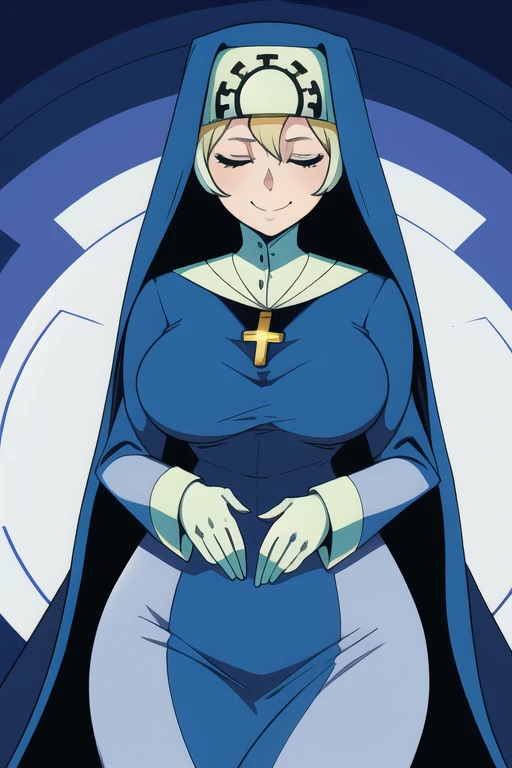 Double, short blonde hair, nun uniform, medium breasts, solo, 1girl, smiling, cowboy shot, closed eyes, 
 blue habit, cross necklace ,white gloves, long sleeves, nun, long skirt
(insanely detailed, beautiful detailed face,beautiful detailed eyes, masterpiece, best quality) room, laying down the bed, groin, touching groin 