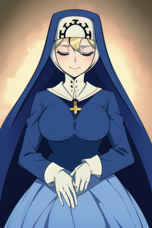 Double, short blonde hair, nun uniform, medium breasts, solo, 1girl, smiling, cowboy shot, closed eyes, 
 blue habit, cross necklace ,white gloves, long sleeves, nun, long skirt
(insanely detailed, beautiful detailed face,beautiful detailed eyes, masterpiece, best quality) room, laying down the bed, groin, touching groin 