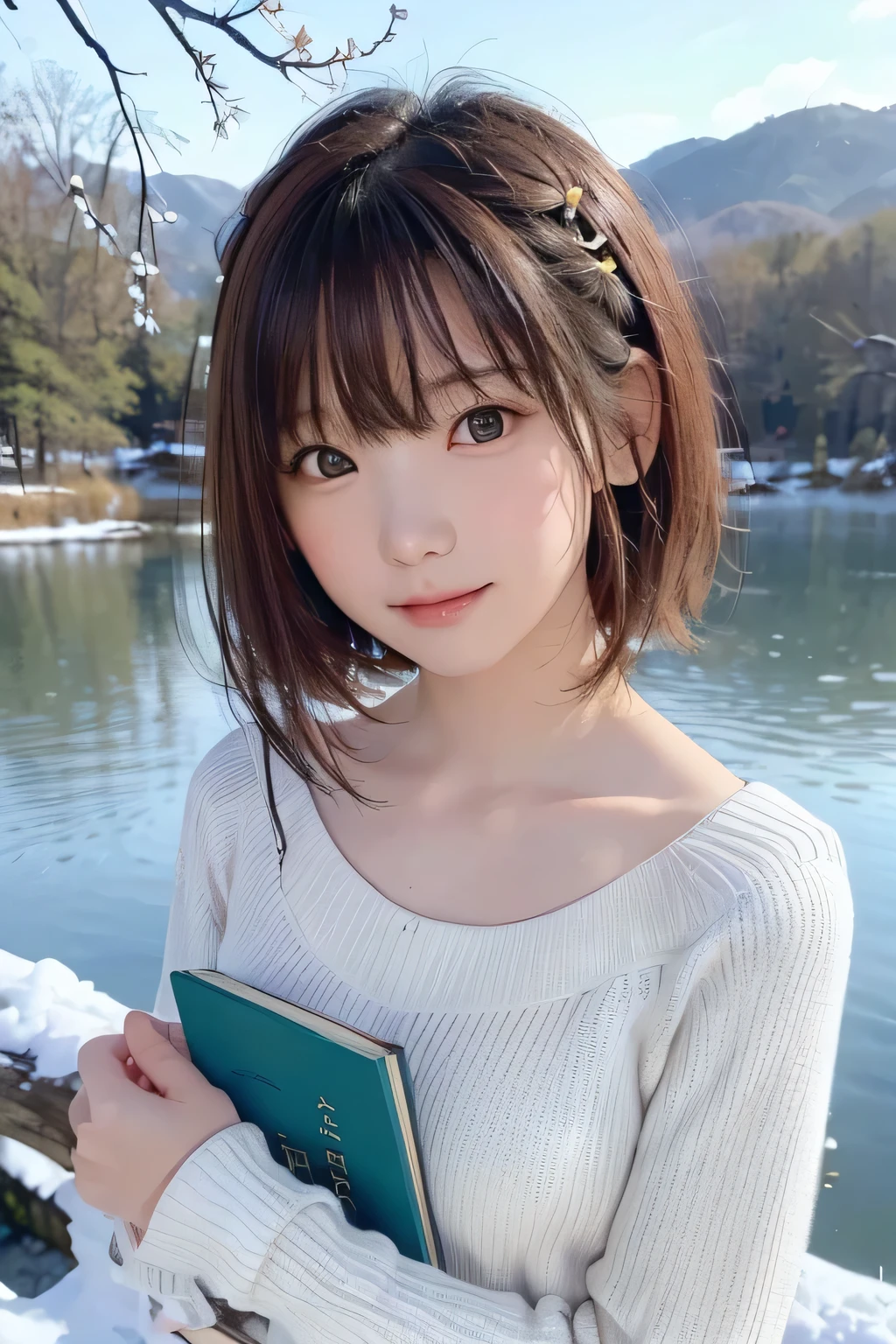 (masterpiece、 top quality、 Super detailed description、 super high resolution)、((Face Shot))、 girl、solo、((small chest))、cute、 idol face、Half Smile、( Realistic skin type :1.2)、((Read a book on the lakeside ,  bright color,winter, Willow Branch, comfortable, Warm Sunlight ))、( blur background in front of shield:1.3)、 knitted sweater、Front closure、(( one shoulder top))