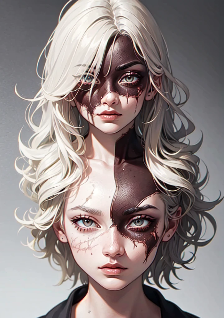 better_scar, 1girl, cracked skin, veins, female focus, burn scar, scar on nose, long hair, white hair,hair between eyes, closed mouth, solo, looking at viewer, portrait, mountain, 