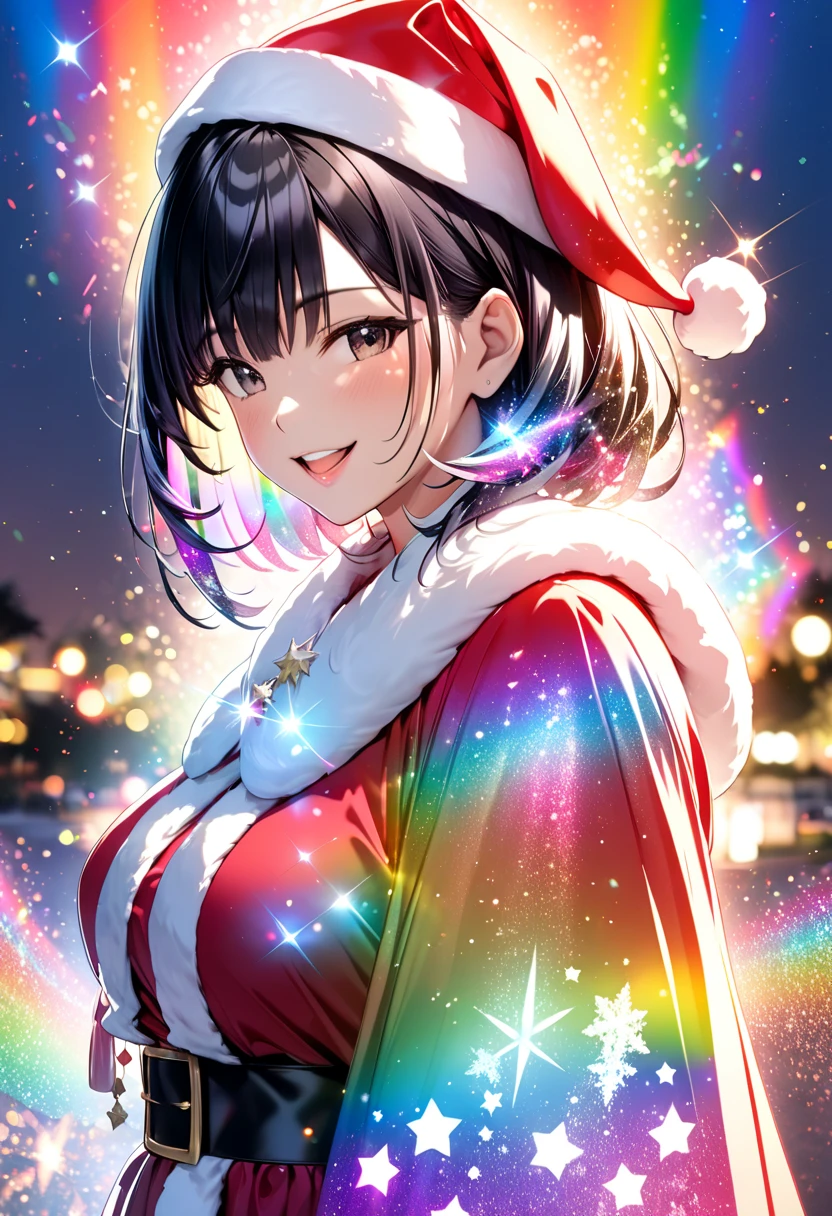 Black-haired adult woman"Haruna" , Beautiful figure of Santa Claus  , background: rainbow illuminations(( Double Exposure :1.5 , Glitter Effect ,LED Magic Effects :2.0 ,backgroundぼかし))