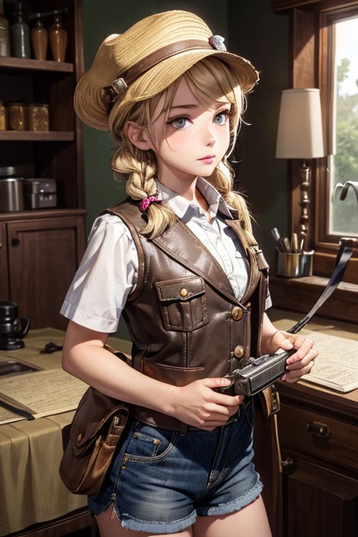 masterpiece, highest quality, Very detailed, 16k, Ultra-high resolution, Cowboy Shot, One  girl, Detailed face, Perfect Fingers, Golden Eyes, Blonde, Braid, A vest with many pockets, Shorts, Exploring knife, Safari Hat, compass, telescope, map, A cluttered room with lots of small items, Organizing tools