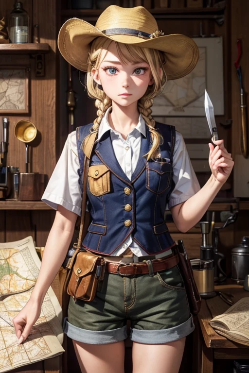 masterpiece, highest quality, Very detailed, 16k, Ultra-high resolution, Cowboy Shot, One  girl, Detailed face, Perfect Fingers, Golden Eyes, Blonde, Braid, A vest with many pockets, Shorts, Exploring knife, Safari Hat, compass, telescope, map, A cluttered room with lots of small items, Organizing tools