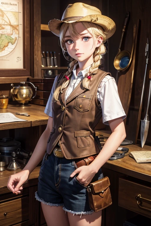 masterpiece, highest quality, Very detailed, 16k, Ultra-high resolution, Cowboy Shot, One  girl, Detailed face, Perfect Fingers, Golden Eyes, Blonde, Braid, A vest with many pockets, Shorts, Exploring knife, Safari Hat, compass, telescope, map, A cluttered room with lots of small items, Organizing tools