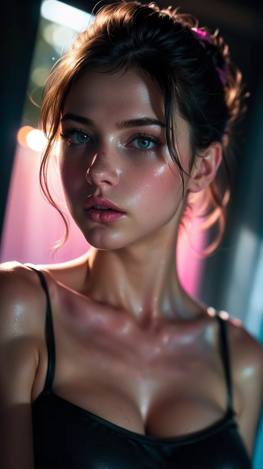 (((ultra realistic))) Photo, masterpiece, top quality, (pale skin), (Ultra detailed face and eyes:1.3), 1 girl, Adult, in a dress, ((Eye makeup, pink mascara)), ((very large detailed lips)), ((Pink волнистые волосы)), ((Stylish hairstyle)) , (Natural breasts), (Slim waist). ((Posing, hands on breast)), photoshoot, (Soft)Lighting, (The play of light and shadows), depth of field, bokeh, (special attention to skin detail: 1.2), Detailed leather texture, skin pores. (Cool atmosphere of the frame. color scheme - black, purple, Pink, Tons), UDR, ((Film grain)), ((rays)), (Glare), ((waist up portrait)) , ultra detialed,