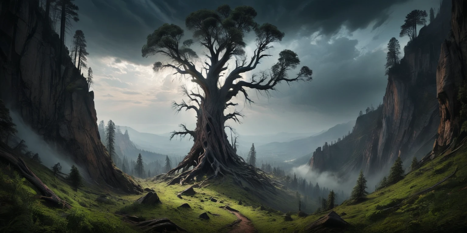 A sprawling cedar on the edge of the plateau in front of the cliff .  below in the valley, you can see the huge bones of the creature's ribs above the trees.  alien landscape , Lush trees,  Tall sequoias stretch to the endless skies , dark lighting,  gloomy thunderstorm sky .