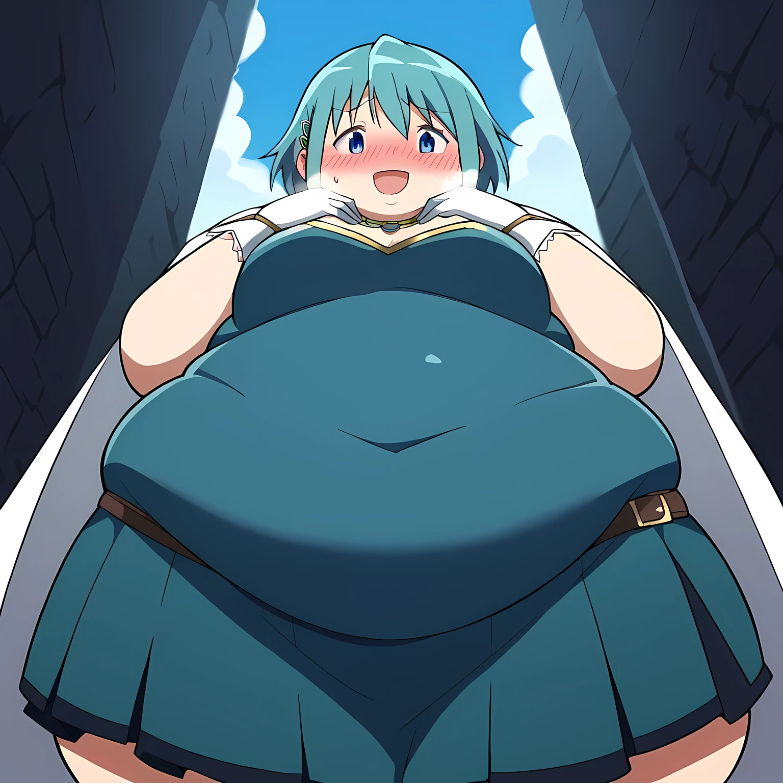 score_9, score_8_up, score_7_up, source_anime, sayaka miki, short hair, blue eyes, hair ornament, blue hair, hairclip, medium breasts,, miki sayaka cosplay, miki sayaka (cosplay), belt, black sleeves, blue skirt, cape, cosplay, dress, gloves, gem, skirt, sleeveless, sleeveless dress, white cape, white gloves,, streets, outdoors, smile, blush, hands on own chest, cowboy shot, looking at viewer,, , dutch angle, cowboy shot bulging belly, fat, chubby, obese, open mouth, out of breath, absurdres, highres icon, rating:General, confused, blush, {flustered}, nervous sweating, portrait, pov hands, hand on another's belly, averting eyes, [looking away], straight-on, from below, swollen face, masterpiece, best quality, ultra-detailed, high resolution, 8K, 