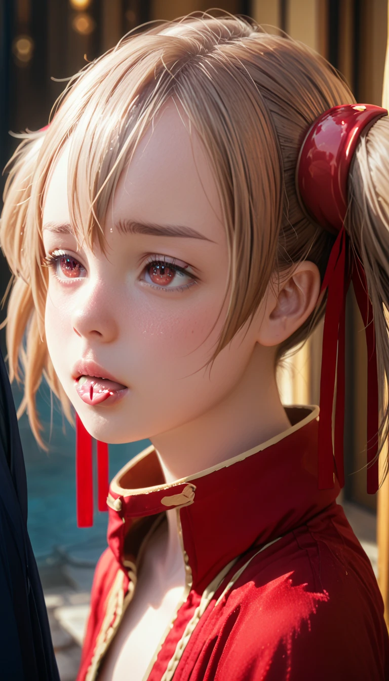 1girl, (Silica), ((loli)), red robe, little, sad, light brown hair, close up, sexy, sexy lips, orgasm expression, tongue, tied into two tails, red ribbons