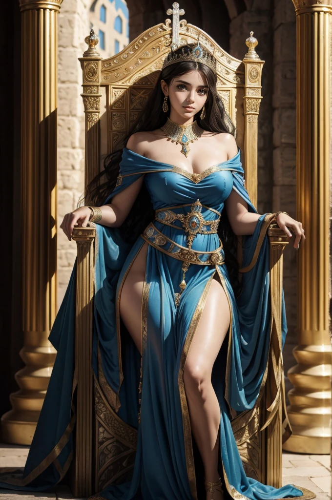 (ultra-detailed, photorealistic, best quality, 4k, highres, masterpiece:1.3), Crown Princess Xian Li in her ceremonial attire, snow-white flawless skin, long straight black hair, elaborate headdress made of gold and precious jewels, piercing cold gray eyes, deep red lips contrasting her pale complexion, (voluptuous and alluring figure), ((wearing an exquisite ceremonial gown with intricate embroidery and delicate lace)), the gown features intricate patterns of dragons and phoenixes symbolizing power and rebirth, form-fitting bodice accentuating her curves, long flowing sleeves and a high collar adding to her regal appearance, background elements of the royal palace, rich decor, grand pillars, opulent tapestries, and golden ornaments, a majestic throne behind her, serene and emotionless calm expression, highlighting her royal status and ethereal beauty, (intricate detail, super finely detailed hands, ultra finely detailed fingers, full body showcase, show full body).