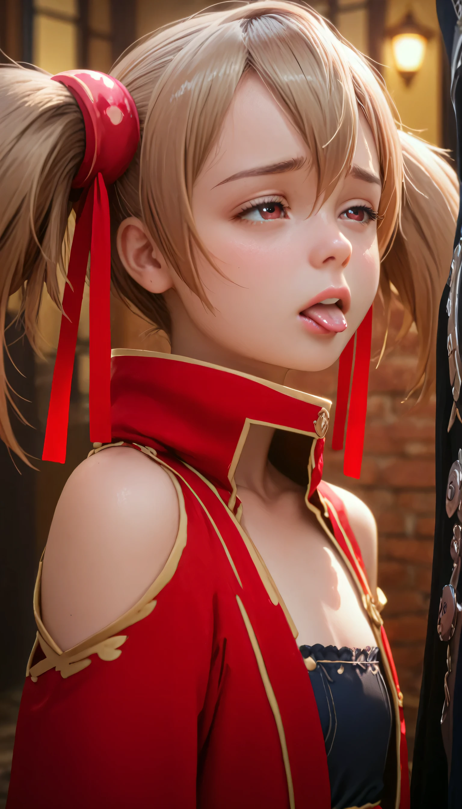 1girl, (Silica), (loli), red robe, little, sad, light brown hair, close up, sexy, sexy lips, orgasm expression, tongue, tied into two tails, red ribbons, iron chest 