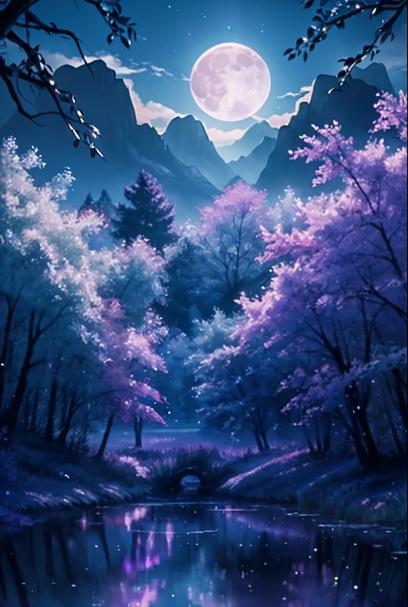Purple trees and a river in a forest with a full moon - SeaArt AI