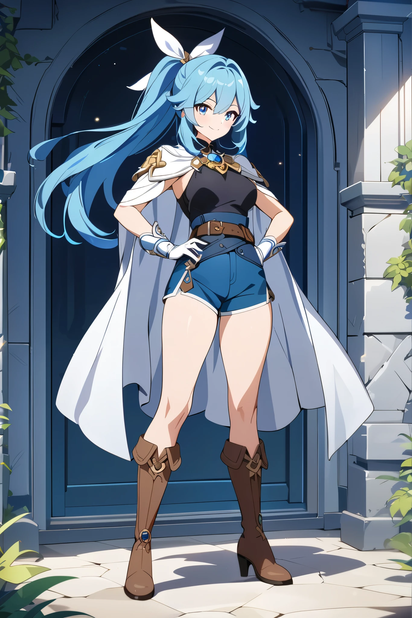 1girl, smile, white big ribbon, vivid blue hair, long blue ponytail, hair ribbon, white cape, black tank top, blue shorts, brown belt, brown boots, gloves, confident expression, standing pose, full body, anime art style, detailed design, highres, masterpiece, fantasy outfit, modern adventurer, ornate brooch, white and blue color palette, thigh-high socks, masterpiece, genshin art style, best quality, amazing quality, very aesthetic, highres, incredibly absurdres