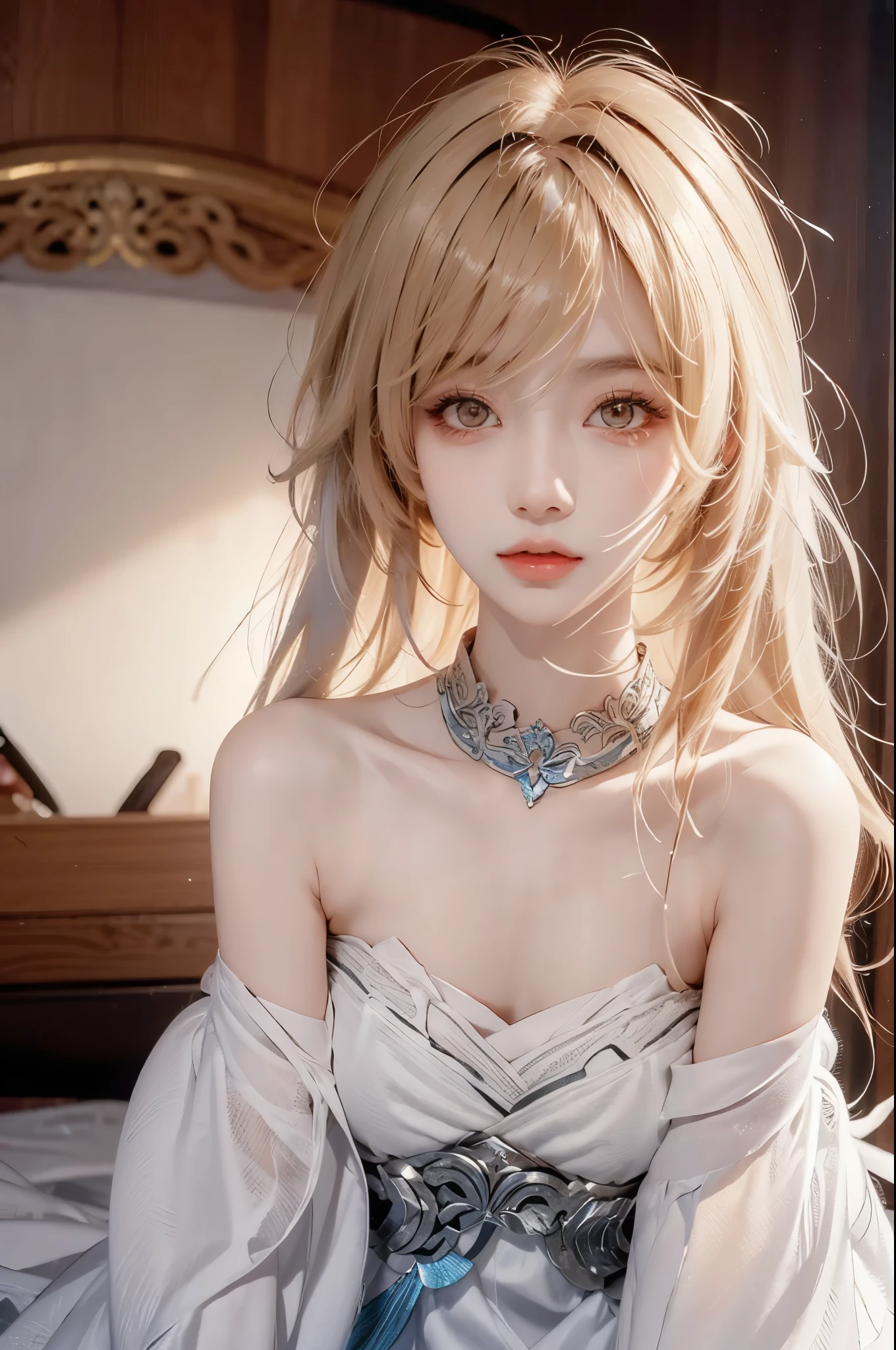 A beautiful woman and she has long, blonde hair with blue eyes and she has white skin and a small nose shaped like a dragon. 