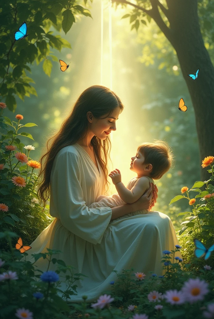 Beautiful yashoda queen playing with her baby krishna new born in a beautiful garden with birds animals and lake