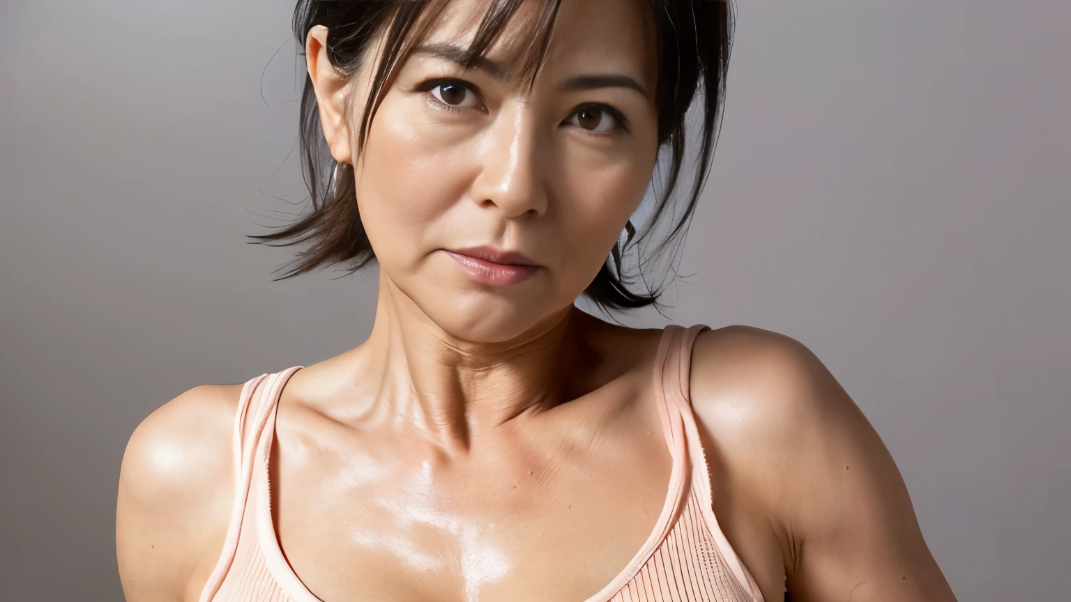 ((Best Quality, 8k, Masterpiece, Portrait: 1.3)), (from below, look down, looking at viewer), (cowboy shot:1), Photorealistic, Sharp Focus, Solo, Japan Milf, Beauty, ((Showing Armpits)), (open mouth:0.7), Cloth with Cleavage View, 35 Years Old, Wavy Hair, Wrinkles at the Corners of the Eyes, Emphasized, ((Huge:1.4))),lewd,Erotic, gorgeous bra, wet bathroom floors,