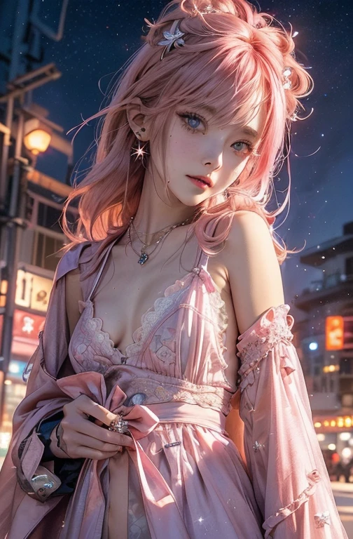 8k, masterpiece, RAW photo, best quality, photorealistic, extremely detailed CG unity 8k wallpaper, Depth of field, Cinematic Light, Lens Flare, Ray tracing, (extremely beautiful face, beautiful lips, beautiful eyes), intricate detail face, ((ultra detailed skin)) 1girl, in the dark, deep shadow, pretty korean girl, kpop idol,(very slim slender fit-muscled body:1.3), ((looking at viewer)),(big smile:1.3), (tight mini dress), (shot sleeve) , (dim lights, (neon sign), (big building), city night, cityscape ), (without people in the background:1.3), pretty korean girl, earrings, bracelets, dia necklace, pantyhose, clear eyes, walking , front shot, (pale skin), face forward, (big eyes), ((upper body shot)), ((silk Laced)), ((pink, white color dress:1.3)), (looking at viewer:1.3), (see through, laced dress), open breasts, Hermes bag