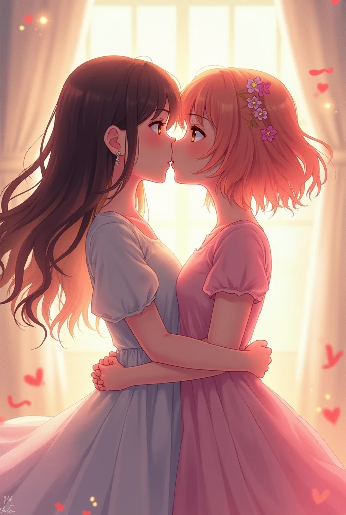 two girls hugging each other anime while looking forward