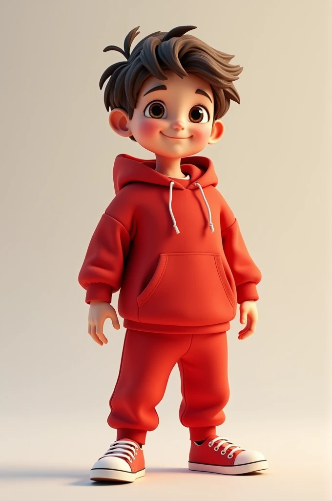 Boy with a red jacket and a red hood and his body looks stocky but his face is tender
