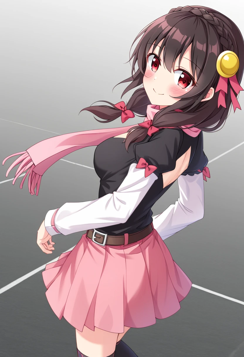 yunyun、masterpiece, top quality,  high definition ,(One person), Yunyun、名前はYunyun,  crown braid the same color as my hair,  black hair、 red eyes、 hair accessories,  hair ribbon, ( pink tie :1.2), Black long sleeve,  pink skirt,  Knee-High Socks, belt, ( chest cutout ),( clevis)、 big-breasted 、(blush)、(I'm skating )、Standing、 open my eyes、 shy smile 、Looking Back、 I'm wearing a scarf 