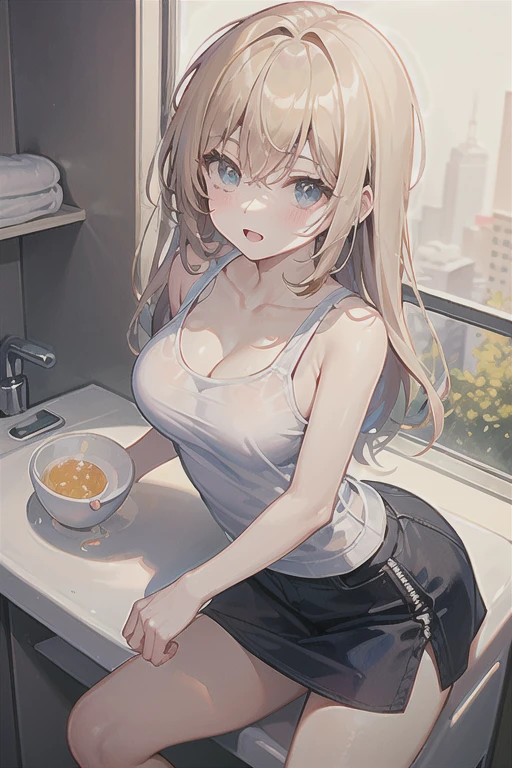 masterpiece、highest quality、Very detailed、An illustration、Beautiful fine details、One Girl、cute、Detailed landscape、Training Room Background:1.4、Platinum Blonde Hair、Braided Ponytail、Red camisole、((a cup breasts, Tank top showing underboob:1.3))
