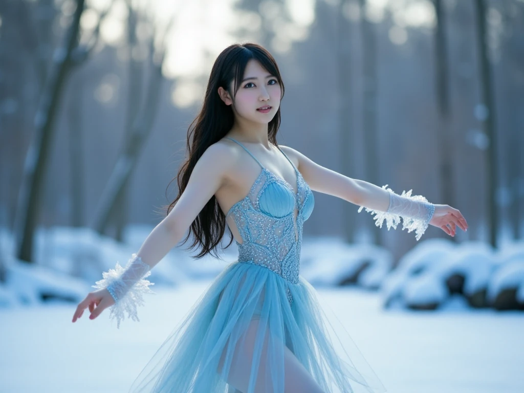 8K photo, 8K camera, raw format. A 21-year-old Japanese actress with an idol-like face skates gracefully on a frozen lake deep within a mystical forest. She performs with professional-level skill, her movements fluid and elegant. She has long, straight black hair styled into a neat half-up, half-down look that suits the serene winter setting. Her oval face, almond-shaped eyes, small nose, and full lips are accentuated by natural makeup. She wears a stunning icy skater dress featuring a fitted bodice and a flared skirt with crystalline patterns in soft pastel blue tones, decorated with frosty edges that shimmer in the cold air. The snow-covered trees surrounding the lake and the gentle light filtering through the branches complete the magical atmosphere.