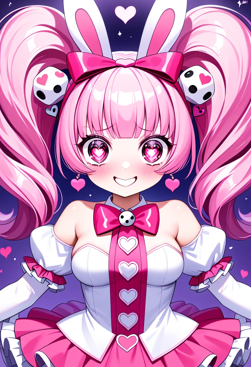 (( top quality)), ((masterpiece)), (familiar),  Perfect Face ,  big eyes, eyelash,  Sparkling Eyes  , (Do what?), (Used),  red eyes ,  bunny ears ,  Pink Double Ponytail Hair , Dice Hair Accessory , Hairband,  pink bow, ( Bare Shoulders),  white shirt ,  Split Short Puff Sleeves , ( Pink Ruffle Mini Skirt), Heart,  Medium Chest ,  Smile, Shut up