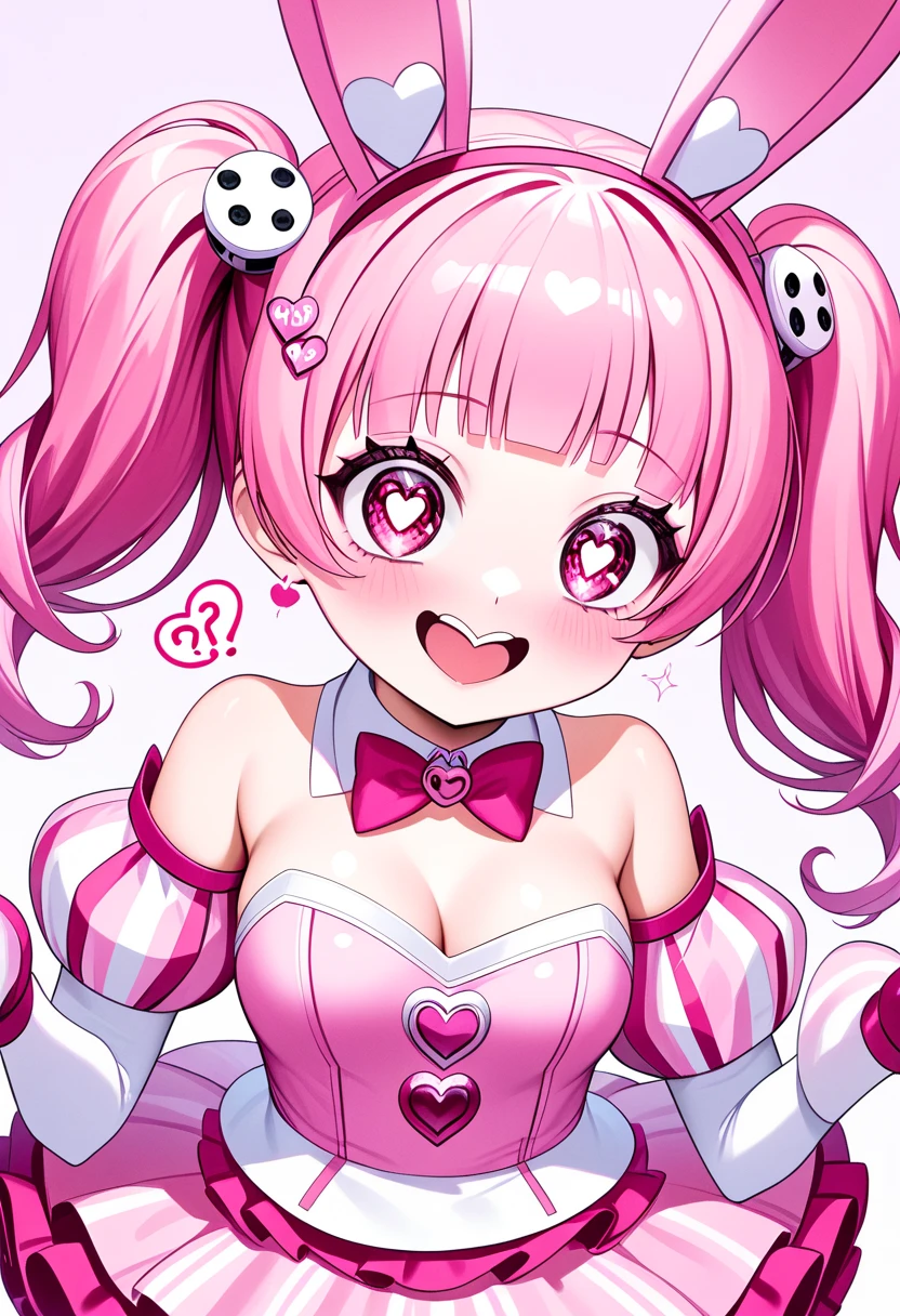 (( top quality)), ((masterpiece)), (familiar),  Perfect Face ,  big eyes, eyelash,  Sparkling Eyes  , (Do what?), (Used),  red eyes ,  bunny ears ,  Pink Double Ponytail Hair , Dice Hair Accessory , Hairband,  pink bow, ( Bare Shoulders),  white shirt ,  Split Short Puff Sleeves , ( Pink Ruffle Mini Skirt), Heart,  Medium Chest ,  Smile, Shut up