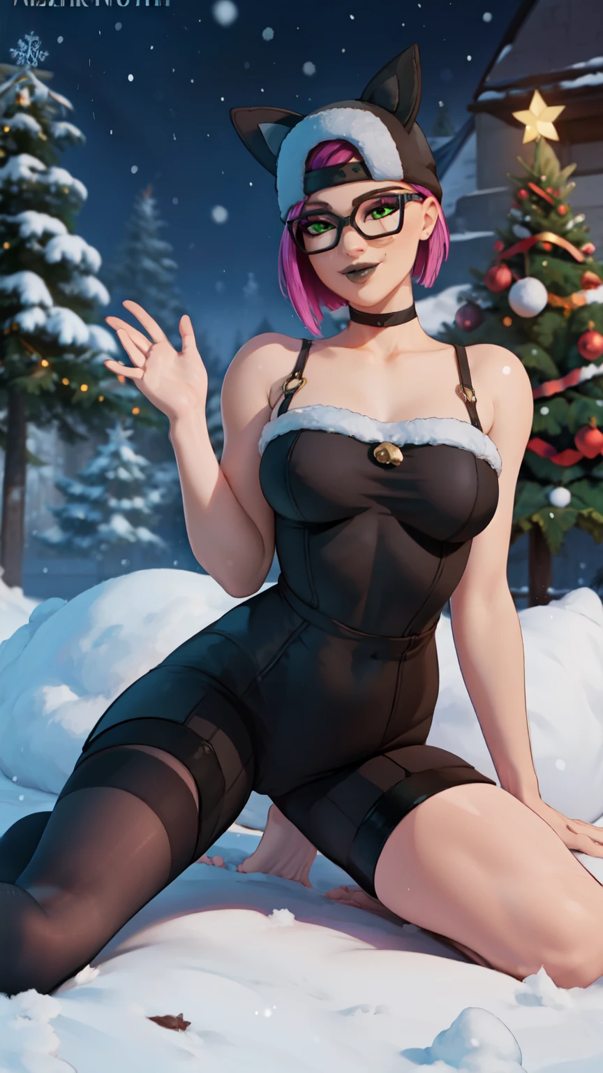 comlynx, 1girl, breasts, hat, choker, animal_ears, purple_eyes, full body, big tits, big butt, voluptuous, open legs, sexy pose, cleavage, Christmas hat, Christmas Clothes, snow, christmas lingerie, christmas coat, christmas stockings, christmas heels