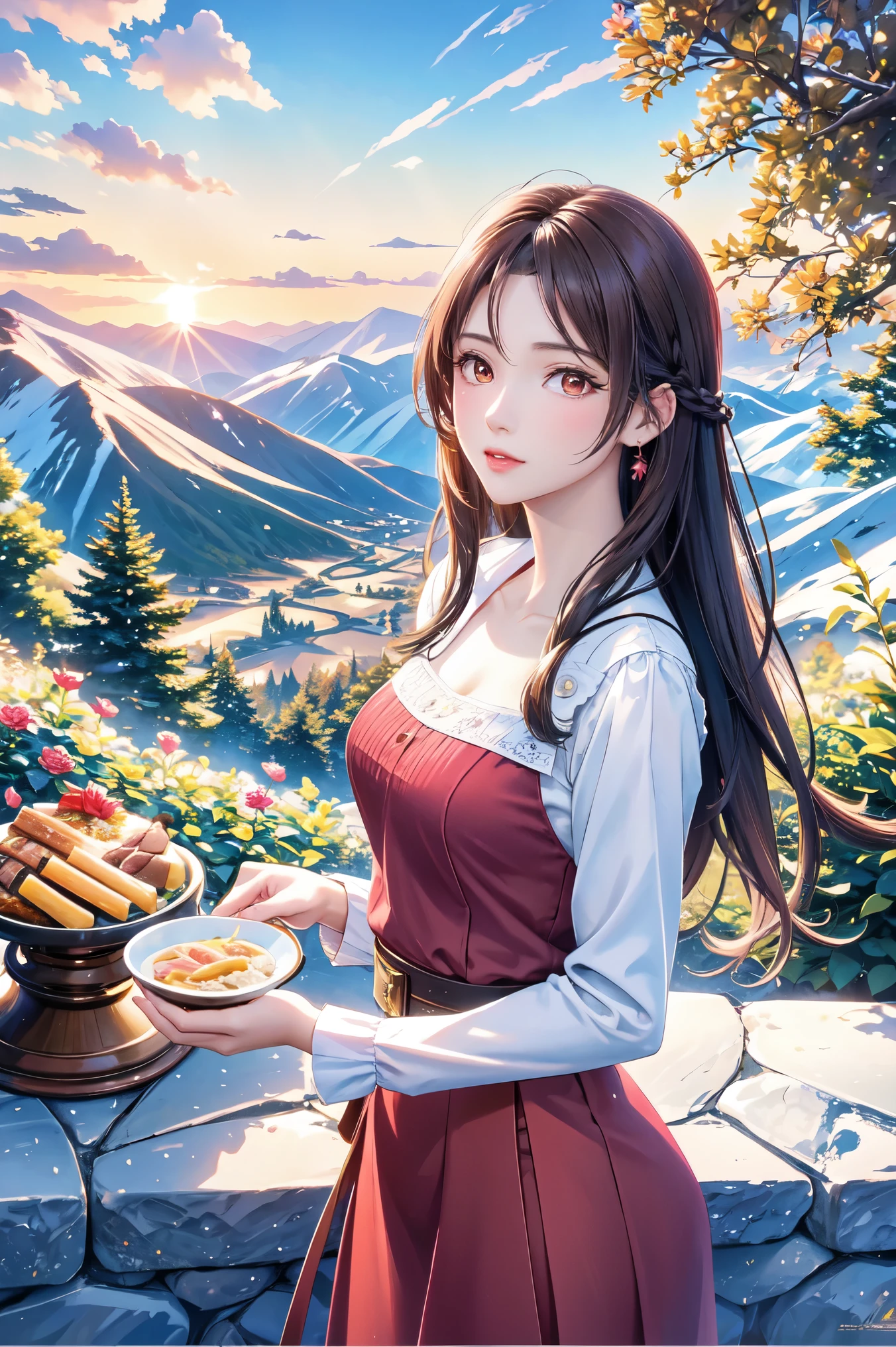 ( top quality, high definition , high image quality, masterpieces during breakfast, 8k), A Beautiful Woman , beautiful brown eyes, pink lips, beautiful perfect face, Anatomically accurate and beautiful body shape , Accurate hand drawing, dark brown long hair , long-sleeved blouse , Flowing long skirt, Mid-chest, earrings for a woman alone, Small villa with a good view , Majestic Mountain々, Forest of Trees , grassland, Clouds dyed red in the sunset , Detailed illustrated art with background,