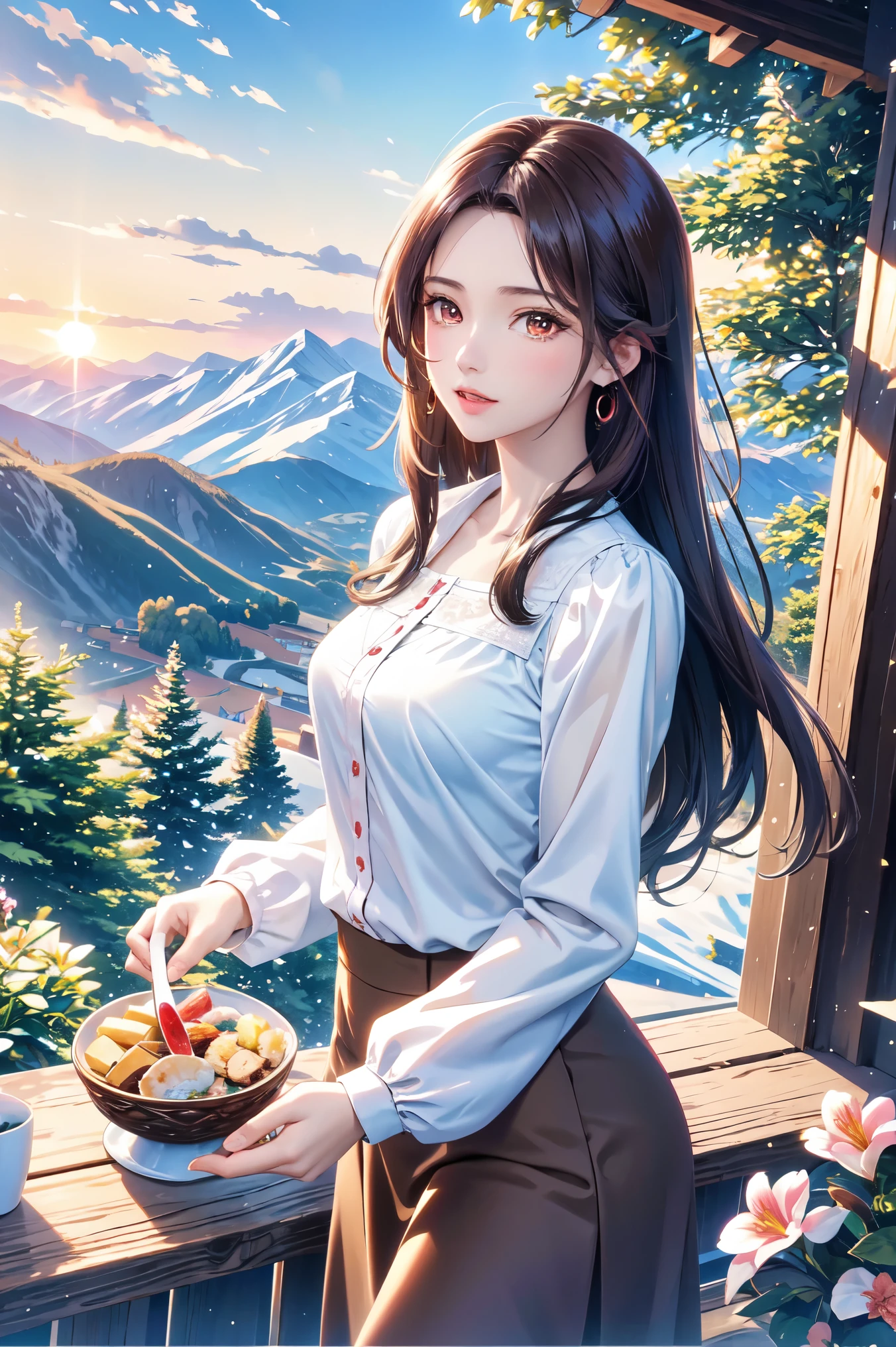 ( top quality, high definition , high image quality, masterpieces during breakfast, 8k), A Beautiful Woman , beautiful brown eyes, pink lips, beautiful perfect face, Anatomically accurate and beautiful body shape , Accurate hand drawing, dark brown long hair , long-sleeved blouse , Flowing long skirt, Mid-chest, earrings for a woman alone, Small villa with a good view , Majestic Mountain々, Forest of Trees , grassland, Clouds dyed red in the sunset , Detailed illustrated art with background,