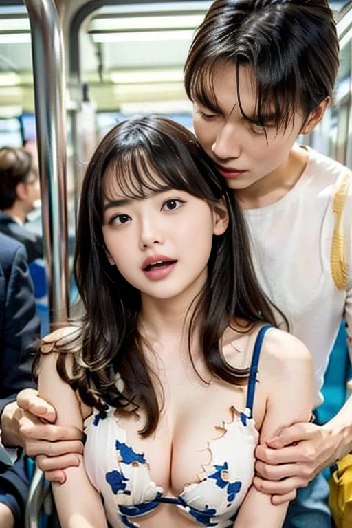 ( top quality、 super high resolution、(Summer clothes)、 small breasts、Beautiful breasts、 beautiful expression 、 beautiful face、   Beautiful Eyes  、 young woman、Subway car interior background、 in a crowded train、( there are many old people on the train 々 on board .、  molestation of men on the train  )、( man standing behind woman 、Man grabs woman、 Touching the pubic area from the front  :1.2、3 males、 1 Woman 々、 With men、 torn clothes)、Expressions of fear、balance、 Mr.々 hands touch the woman  、Touched by many hands、The viewer extends his right hand、  a man has a vulgar expression 、Embrace each other、( Cowboy Shots)、( they push each other  、 slender   、Close contact、 they push each other  、 a man standing in front of a woman :1.2)、