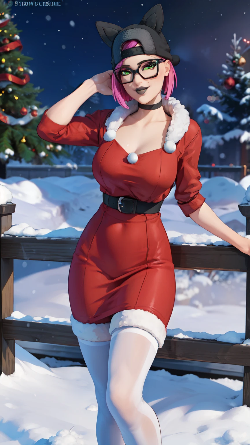 (8K, masterpiece, RAW photos, best quality, detail:1.2), Reality, Extremely detailed Cg Unity 8K wallpaper, Depth of Field, light, lens flare, Ray Tracing, (Extremely beautiful face, Beautiful lips, beautiful eyes), intricate detail face, ((ultra detailed skin)),1 Girl, Remote freezing, Purple Hair, Purple Eyes, (Purple pupils), Very long hair, Wide hips, Large Breasts, ((Christmas clothes:1.2)), partedbangs, 傻lol, 微lol, lol, Santa Claus Costume, Bag full of gifts, Christmas tree,