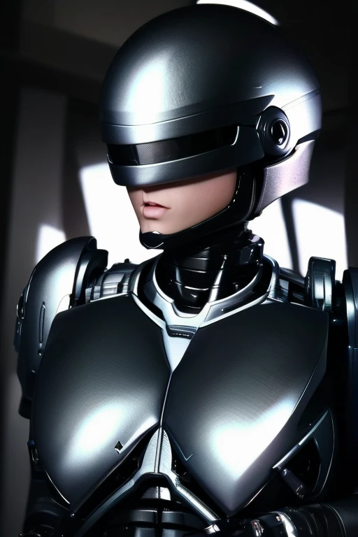 High-quality, (complete image)  A cool and charming face, RoboCop armor,  RoboCop helmet,  A beautiful and sexy young woman, 18 years old,  Toned and muscular,  Cool and attractive,  Sharp eyes,  Big breasts.