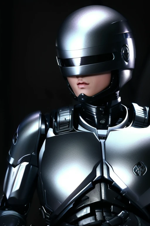 High-quality, (complete image)  A cool and charming face, RoboCop armor,  RoboCop helmet,  A beautiful and sexy young woman, 18 years old,  Toned and muscular,  Cool and attractive,  Sharp eyes,  Big breasts.