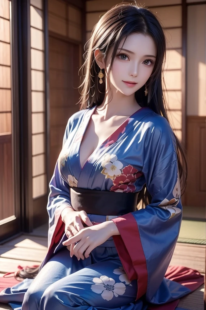 full shot, portrait of skswoman, 1 GIRL, DASHA, detailed portrait of a girl in a dark blue kimono with patterns in the form of applications of sakura inflorescences walks along a picturesque alley with blooming Japanese sakura along a path strewn with fallen pink sakura petals, in detail in detail small breasts, in detail in detail a very long fluffy mop of chestnut hair, in the details of the eyes, in the details of the eyelashes, in the details of the lips, in the details of the make-up with dark blue arrows, in the details of the Japanese gane shoes with braids on the lower legs in dark blue, in the details of the kimono with deep cutouts shows beautiful slender legs, cutout on the chest shows the décolleté area, character flirting at the camera, backlight, bright sun rays, detailed beautiful backlight, soft frontal light, soft shadows on the face, beautiful chiaroscuro on the face and body, hyperdetail, high resolution, clear focus, 32k, website 500px, David Dubn, hyperrealism, uhd