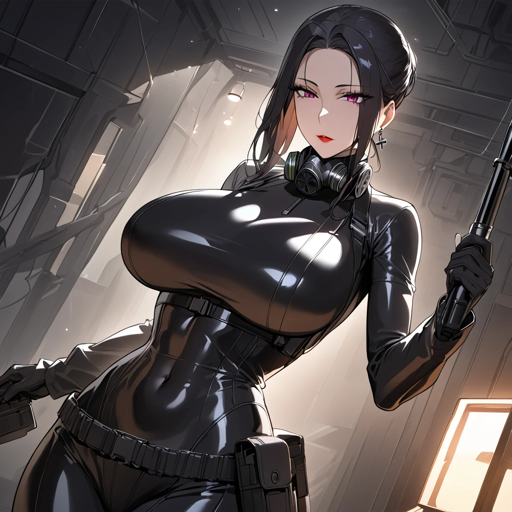 (masterpiece:1.4), (best quality:1.4), (super detailed:1.2), score_9, score_8_up, girl wearing gas mask, black spy suit, exposed navel, defined abs, wide hips, (large breasts:1.2), black hair to waist, heavy makeup, dagger holster on thigh, sharp features, red lips, purple eyes, (defined sharp eyes:1.2), sinister gaze, cross earrings, (dark indoor background:1.3), (mysterious atmosphere:1.2), dramatic lighting focus on character