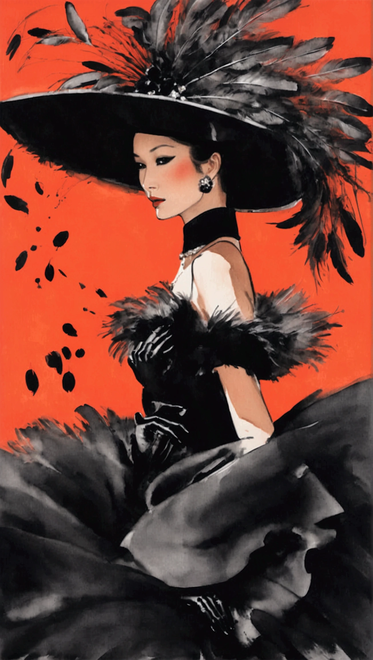 Create a breathtaking and fascinating Japanese line painting featuring a woman in a voluminous black skirt adorned with feathers and ruffles. She wears a large-brimmed hat, black gloves, and heels. The background blends rich red and black hues, enhanced by dynamic brush strokes and playful polka dots. The illustration should evoke the elegant style of René Gruau, reminiscent of Vogue fashion illustrations.