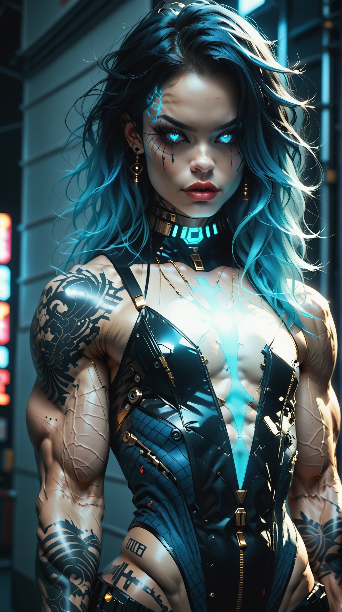 (nsfw:1), (Uncensored:1), score_9, score_8_up, score_7_up, (three quarters Shot), (1 girl), (asian), beautiful teenage (skinny) muscular goth cyborg girl, (full Cybernetic bodysuit:1.5), (black sclera:1.5), (blue glowing eyes:1.5), (blue glowing electric veins:1.25), (flat chest:1.25), (blue glowing hair:1.25), (beautiful face:1.25), (bodybuilder muscular physique:1.5), (strands of electricity emanating from body:1.25), (intricate gold filigree:1.5), bimbo lips, cowboy shot, cybernetic, mechanoid body parts, exposed cables and circuits, neon lights, gothic neon style, cyber punk style, super realistic image, beautiful digital paint ,DonMPl4sm4T3chXL, hyper Realistic illustrations, CyberRealistic_Negative_PONY