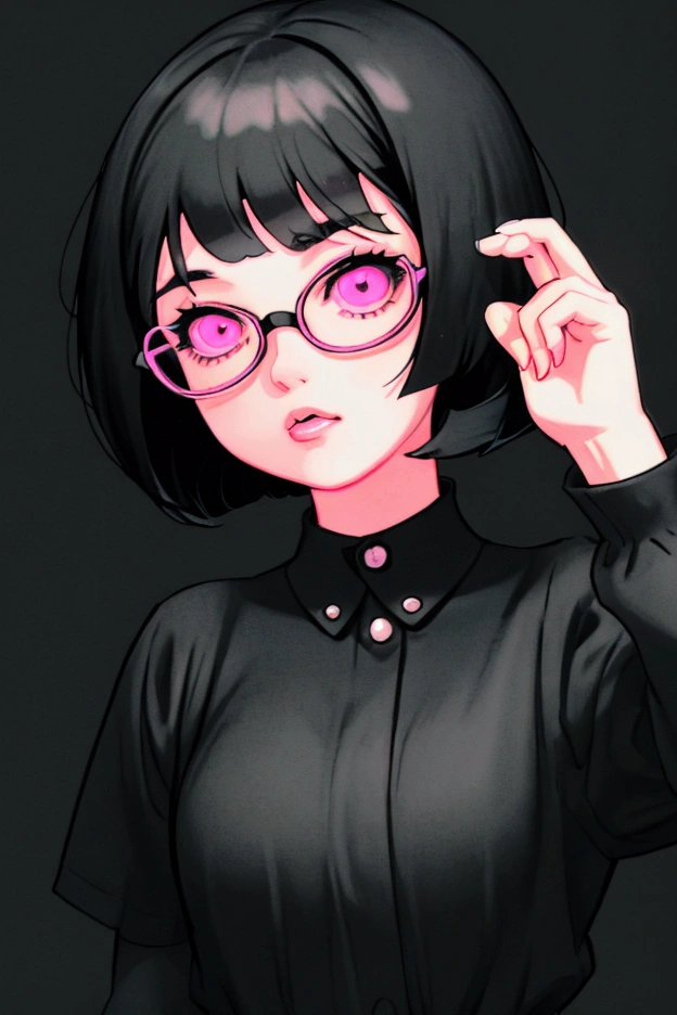 Long, narrow eyes,  wearing glasses , (better quality, :1.2),  1 girl,  detailed lips from home,  black dress,custom, (Monochrome dark background),Neon Hair,texture cut , Until then,  CLASSIC RETRO STYLE, Black Dark, ( short black bob hair :1.75 Neon:1.32), Bad Girl ,Sharp Eye,  dark monochrome background  , accurate hand structure ,