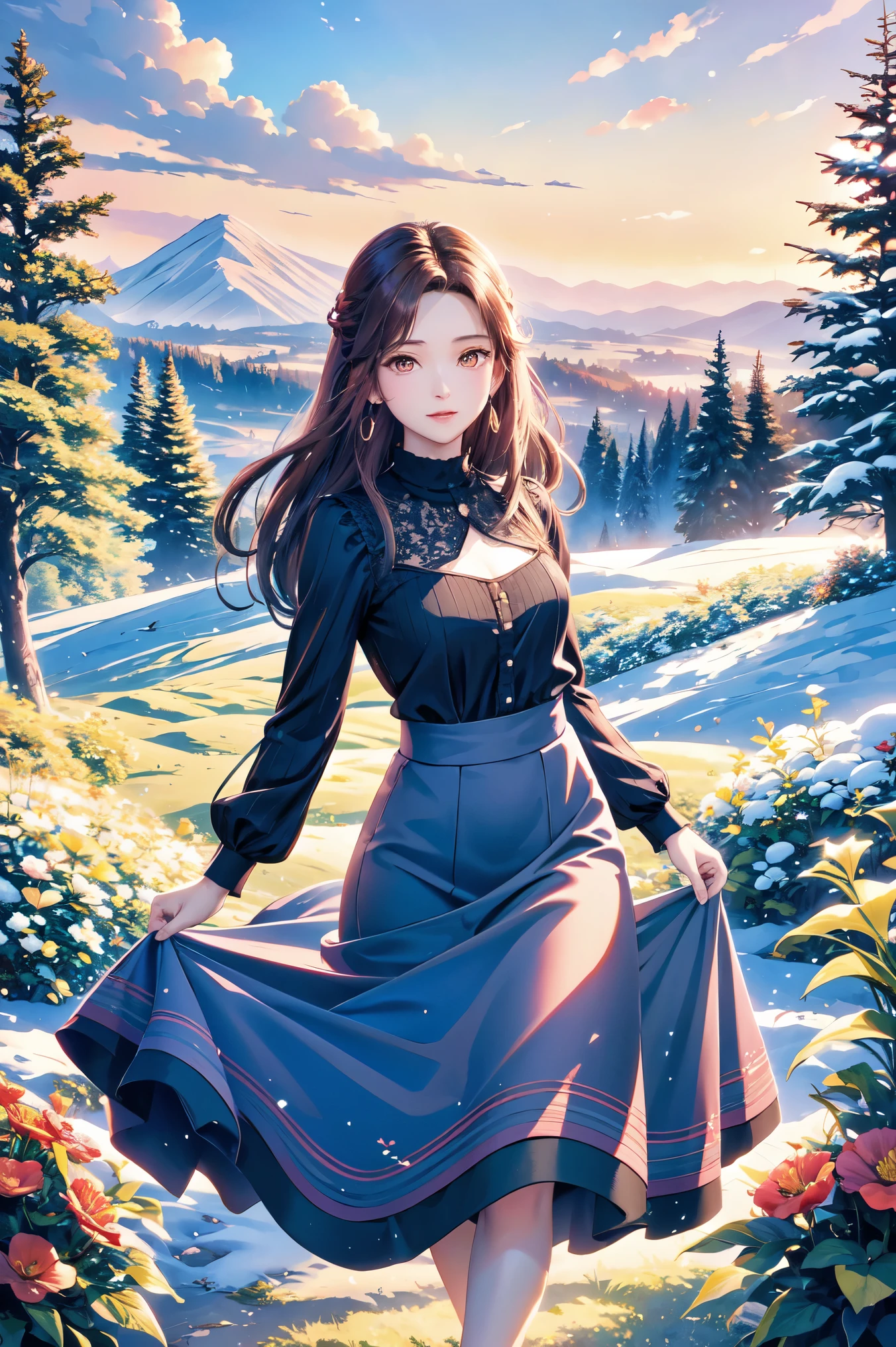 ( top quality, high definition , high image quality, masterpieces during breakfast, 8k), A Beautiful Woman , beautiful brown eyes, pink lips, beautiful perfect face, Anatomically accurate and beautiful body shape , Accurate hand drawing, dark brown long hair , long-sleeved blouse , Flowing long skirt, Mid-chest, earrings for a woman alone, Small villa with a good view , Majestic Mountain々, Forest of Trees , grassland, Clouds dyed red in the sunset , Detailed illustrated art with background,
