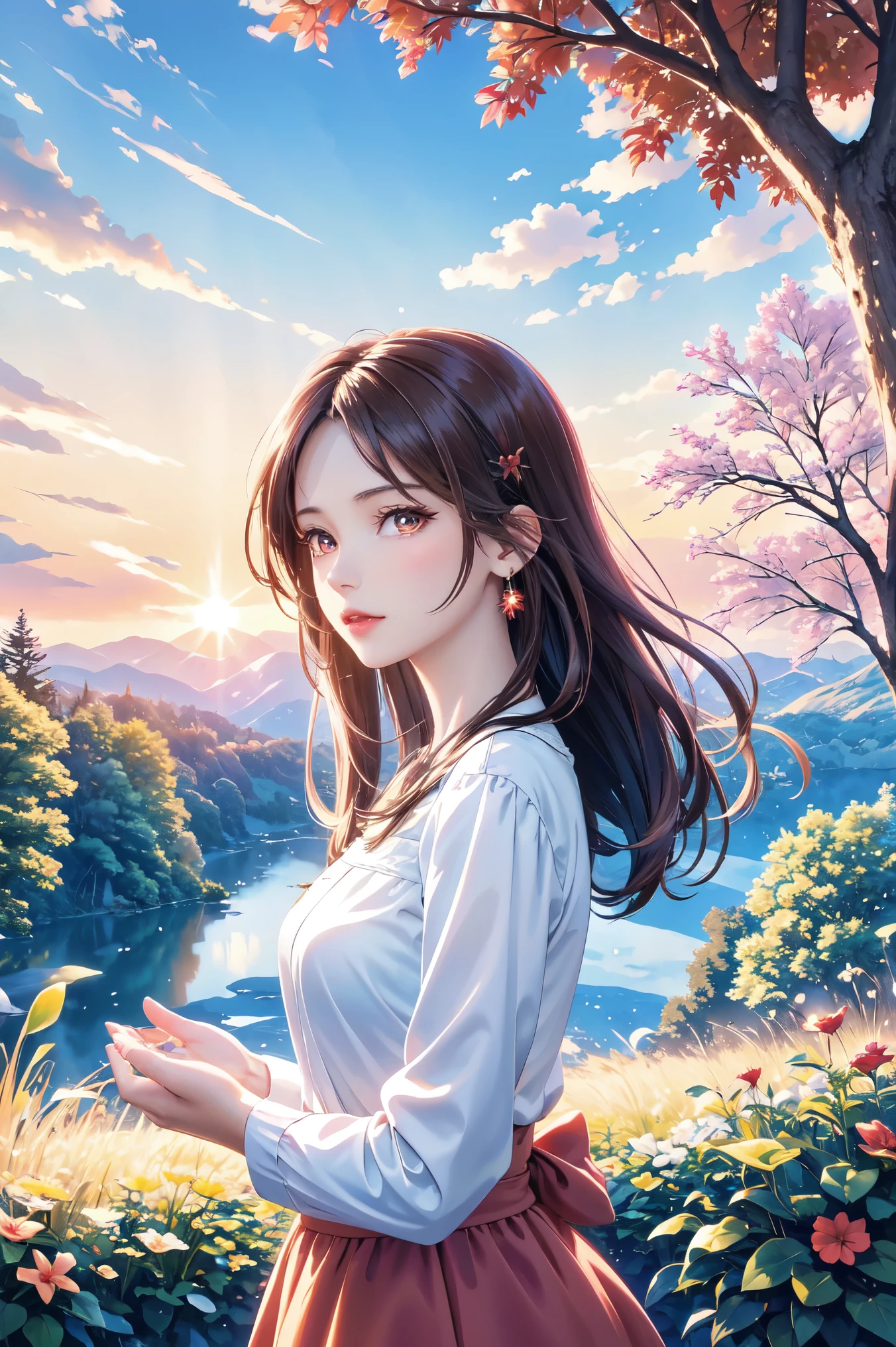 ( top quality, high definition , high image quality, masterpieces during breakfast, 8k), A Beautiful Woman , beautiful brown eyes, pink lips, beautiful perfect face, Anatomically accurate and beautiful body shape , Accurate hand drawing, dark brown long hair , long-sleeved blouse , Flowing long skirt, Mid-chest, earrings for a woman alone, Small villa with a good view , Majestic Mountain々, Forest of Trees , grassland, Clouds dyed red in the sunset , Detailed illustrated art with background,