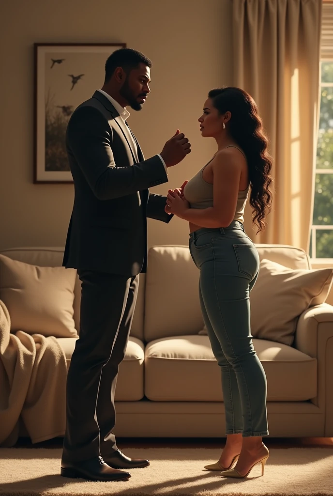 Generate an image of a young curvy black woman with a black handsome man cleaning their luxurious room