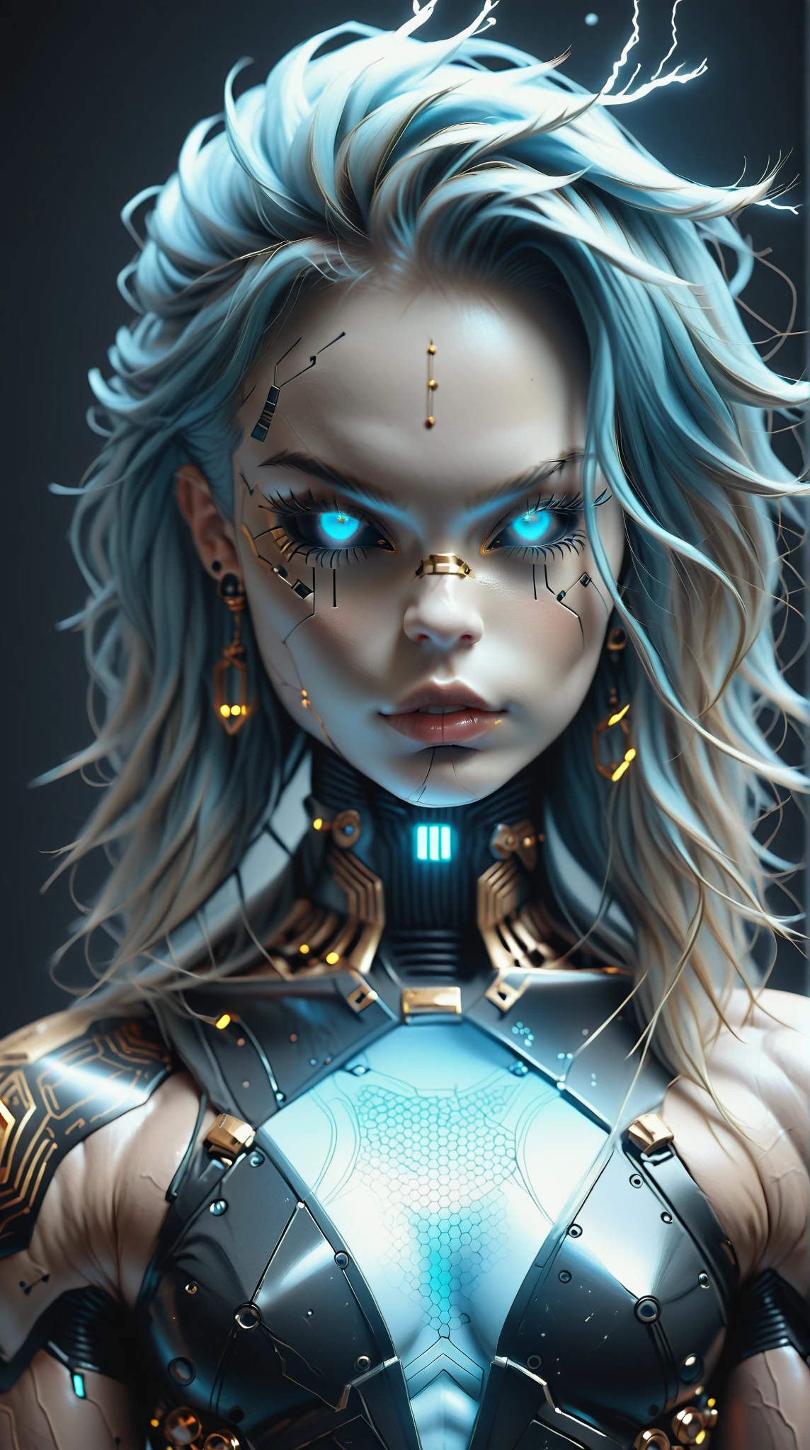 (nsfw:1), (Uncensored:1), score_9, score_8_up, score_7_up, (three quarters Shot), (1 girl), (asian), beautiful teenage (skinny) muscular goth cyborg girl, (full Cybernetic bodysuit:1.5), (black sclera:1.5), (blue glowing eyes:1.5), (blue glowing electric veins:1.25), (flat chest:1.25), (blue glowing hair:1.25), (beautiful face:1.25), (bodybuilder muscular physique:1.5), (strands of electricity emanating from body:1.25), (intricate gold filigree:1.5), bimbo lips, cowboy shot, cybernetic, mechanoid body parts, exposed cables and circuits, neon lights, gothic neon style, cyber punk style, super realistic image, beautiful digital paint ,DonMPl4sm4T3chXL, hyper Realistic illustrations, CyberRealistic_Negative_PONY