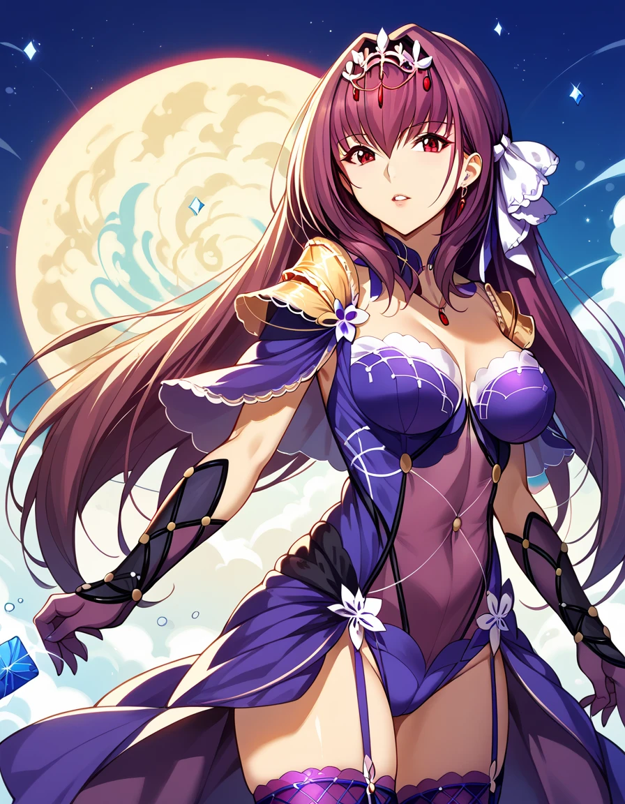 (Two beautiful women),  Cowboy Shots, solo focus, ((Scathach & Scathach-skadi)),  long straight hair、 platinum tiara with blue gemstones、 purple eyes、Cool and sharp features、Female Magic Knight 、  white and gold breastplate 、 Blue and white leotard、 She has a large white ribbon with a large sapphire on her chest.、 long white and blue gloves 、(((white and blue thigh-length stiletto boots :1.0))),  Cowboy Shots、 hypnotic state 、Queen and Princess、