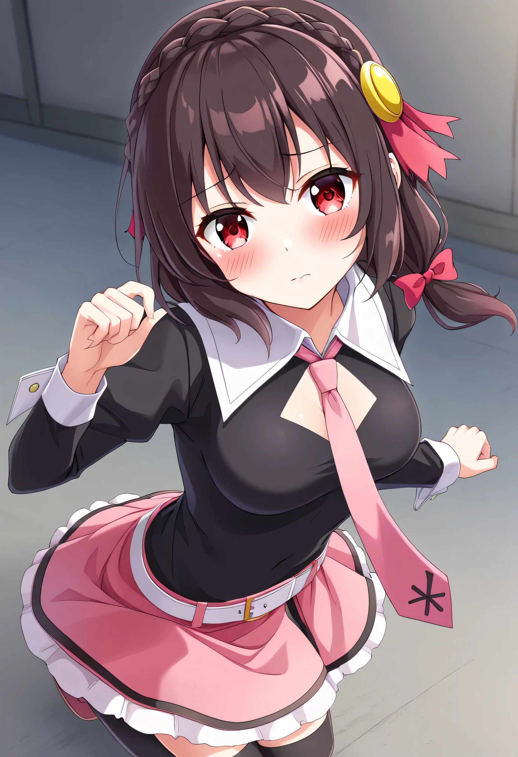 (masterpiece, Highest quality), One girl,    Yunyun,Long Hair,Braiding,Twin tails,Hair between the eyes,Red hair ribbon,hair ornaments,large round breasts,、Pink Skirt、Black Hair、Crown Blade,Black Shirt, Long sleeve,Pink tie, belt, Cleavage cutout、Above the knee、(blush:1.2)、Young face、A lively face、(Singing on stage with a microphone in one hand:1.2)