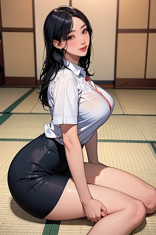 (best quality:1.3), (4k quality),(sharp image), Utahime, ((Detailed face)), ((masterpiece face)),((perfect detailed eyes)) (blush), Utahime, dark hair, long dark tied hair, brown eyes, pink lips, pink lips, sly face, face with stern features, ((detailed face)), perfect face, highly detailed eyes, masterpiece, absurdres , (intricate details), (colorful),cinematic lighting, extremely detailed CG unity 8k wallpaper , 1girl, solo, mature female, erected tits, fit body, cameltoe, white kimono with long red skirt, (tricky glance, wicked smile), living room, ((perfect small erected breast)), ((kneeling and showing her big sexy ass, under the skirt(upskirt))), from behind bottom