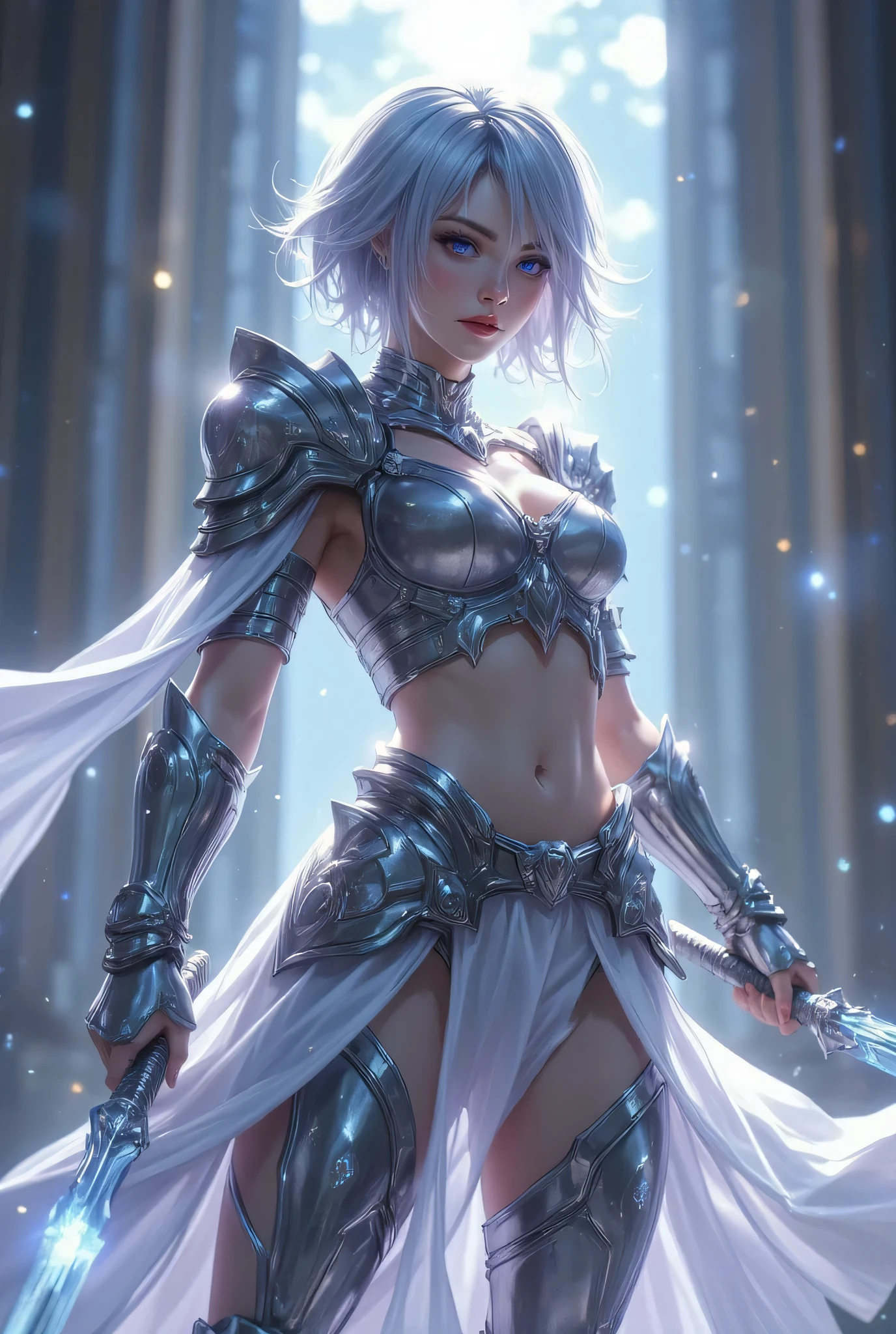 "4K quality, digital drawing mode, a playful yet skilled female warrior with short silver hair and glowing violet eyes, dressed in sleek silver armor with twin blade symbols, standing in a mirrored realm, her radiant skin shimmering with an ethereal glow, mischievous yet focused expression, full body, dynamic pose as she wields dual silver swords, life size, perfect anatomy, detailed skin texture, full HD, 4K, HDR, depth of field."