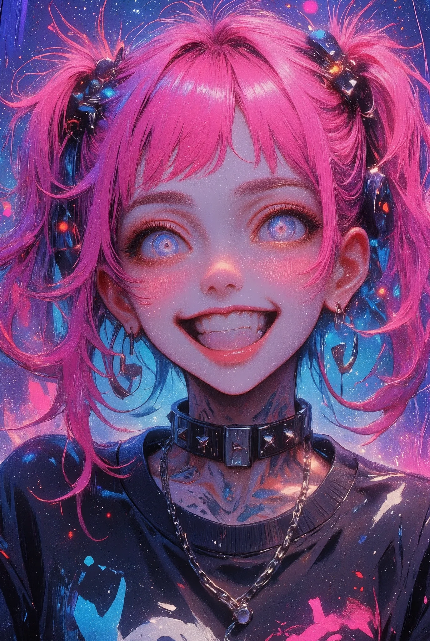 a close up of a person with pink hair and perforations, squinting eyes , bangs above the eyebrows, half-open mouth perfect teeth sticking out just the tongue , cheerful image wears dog collar with spikes and chains , black sweatshirt , tattoos, violet and cyan background , Cyberpunk art inspired by Ross Tran , trend in CGSociety , Gothic art, Ross Tran!!!, Ross Tran style, in the style of Ross Tran , Ross Tran 8 K, ross drawings 1. 0, artwork in the style of Guweiz , anime vibes, :: ross drawings