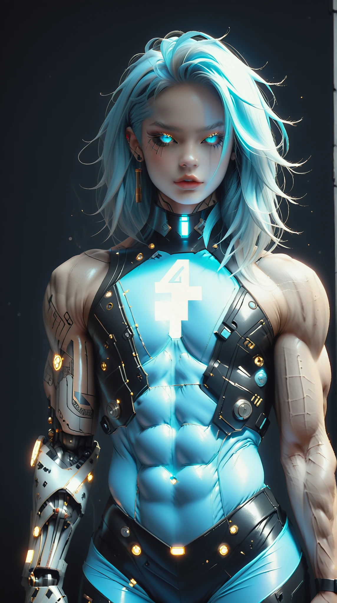 (nsfw:1), (Uncensored:1), score_9, score_8_up, score_7_up, (three quarters Shot), (1 girl), (asian), beautiful teenage (skinny) muscular goth cyborg girl, (full Cybernetic bodysuit:1.5), (black sclera:1.5), (blue glowing eyes:1.5), (blue glowing electric veins:1.25), (flat chest:1.25), (blue glowing hair:1.25), (beautiful face:1.25), (bodybuilder muscular physique:1.5), (strands of electricity emanating from body:1.25), (intricate gold filigree:1.5), bimbo lips, cowboy shot, cybernetic, mechanoid body parts, exposed cables and circuits, neon lights, gothic neon style, cyber punk style, super realistic image, beautiful digital paint ,DonMPl4sm4T3chXL, hyper Realistic illustrations, CyberRealistic_Negative_PONY