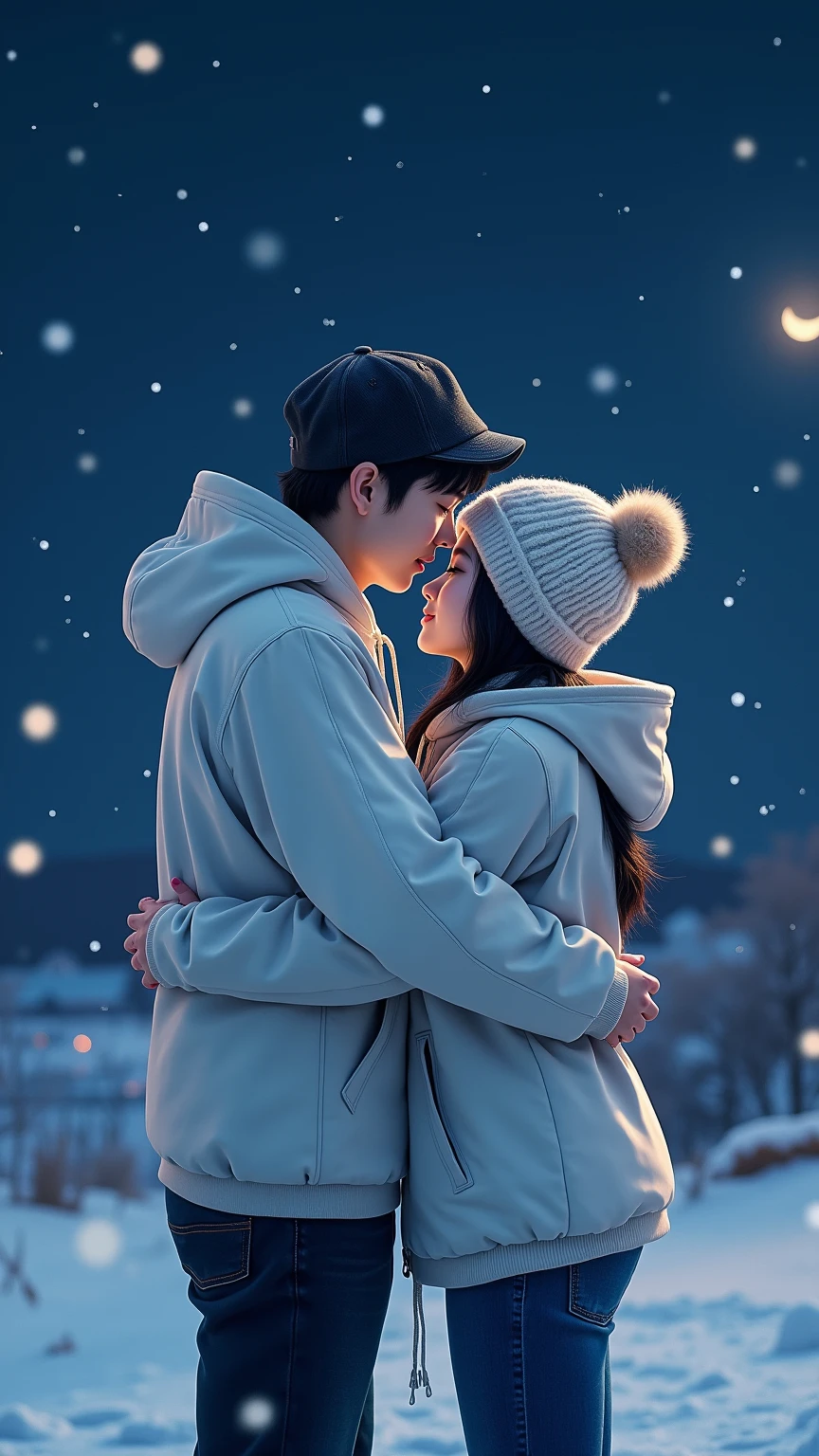 Snowfall、 starry sky 、Birch、 moonlight、 lovers hug each other - SeaArt AI